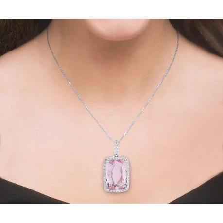 27 ct. Pendentif Kunzite Rose Avec Diamants Or Blanc - HarryChadEnt.FR