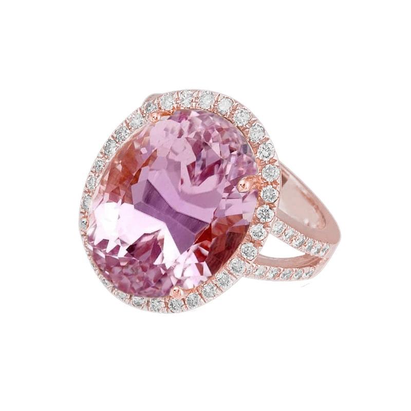 29.75 Carats Bague Kunzite Rose Et Diamants Or Rose 14K