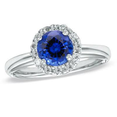 2.10 Carat Bague Ronde Saphir Bleu De Ceylan Et Diamant Or Blanc 14K - HarryChadEnt.FR