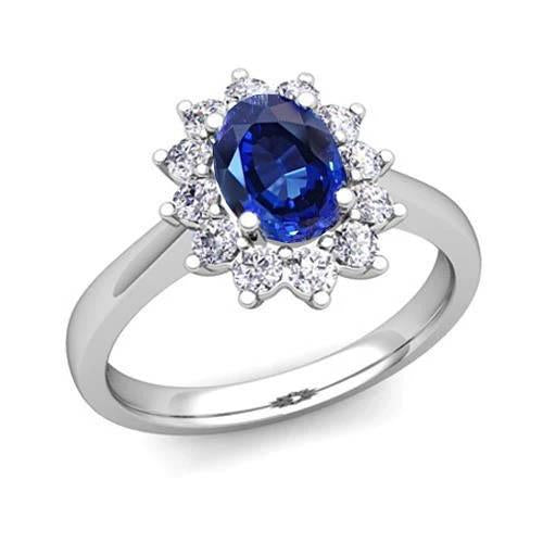 2.45 carats ovale saphir de Ceylan avec bague de mariage diamants14K - HarryChadEnt.FR