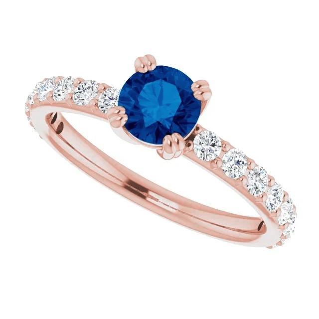 2.50 carats bague or rose 14k diamant & saphir bleu rond