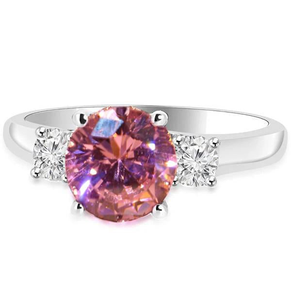 2.50 Carats Bague Trois Pierres Saphir Rose Taille Ronde Or Blanc 14K - HarryChadEnt.FR