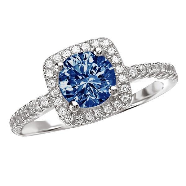 2.51 carats bague halo ronde bleue & blanche avec pierres précieuses or blanc 14k