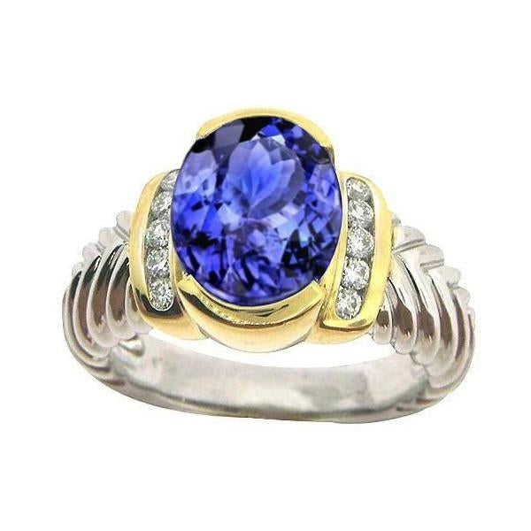 3.50 Carat Bague Ovale Tanzanite Diamants Scintillants Nouveau Deux Tons - HarryChadEnt.FR