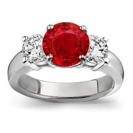 3.50 ct. Bague 3 pierres rubis et diamants sertie griffes en or blanc - HarryChadEnt.FR