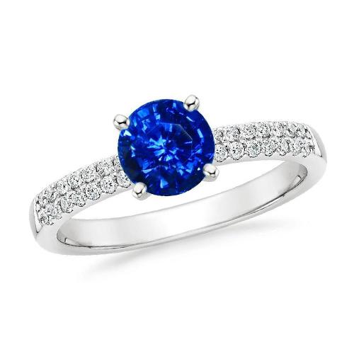 3.50 ct. Bague diamants saphir de Ceylan taille ronde sertie griffes WG 14K - HarryChadEnt.FR