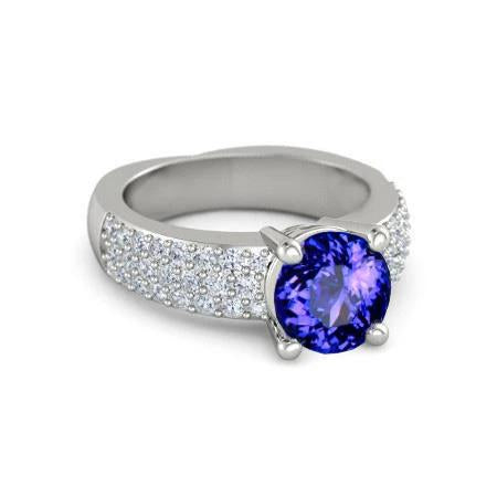 3.70 Carats Bague Tanzanite Ronde Avec Diamants Or Blanc 14K - HarryChadEnt.FR
