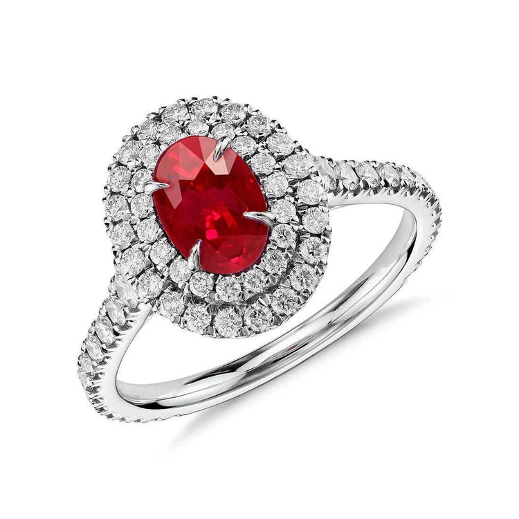 4.50 ct double halo rubis et diamants bague or blanc 14k