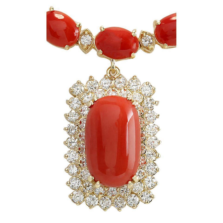 50.50 ct collier dame corail rouge et diamants or jaune 14k