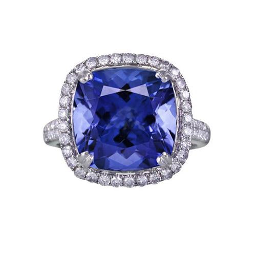 5.70 Ct Big Cushion Tanzanite & Bague Diamant Rond Or Blanc 14K - HarryChadEnt.FR