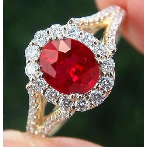 7.25 Carats Rubis Rouge Ovale Avec Diamant Alliance Or Jaune 14K - HarryChadEnt.FR