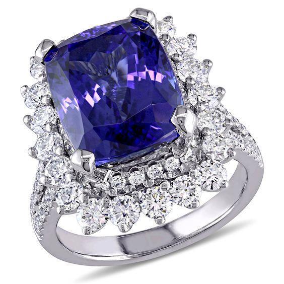 7.75 Carats Bague Grosse Tanzanite Et Petits Diamants Or Blanc 14K - HarryChadEnt.FR