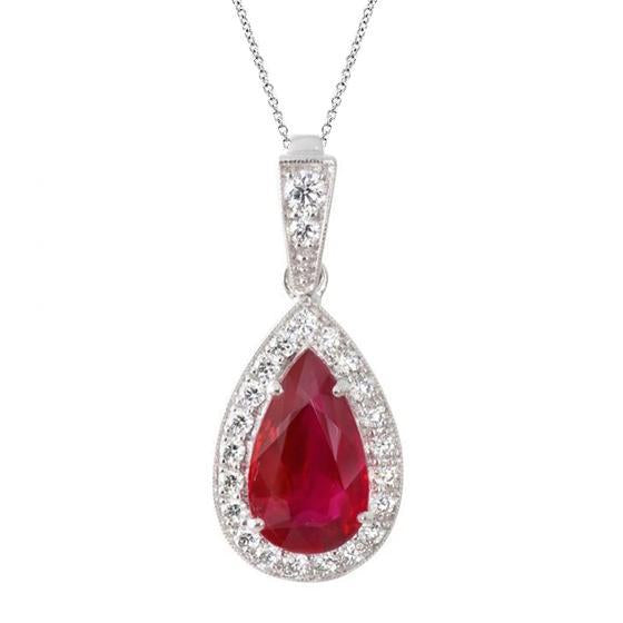 7.90 carats pendentif rubis taille poire et diamants ronds or 14k