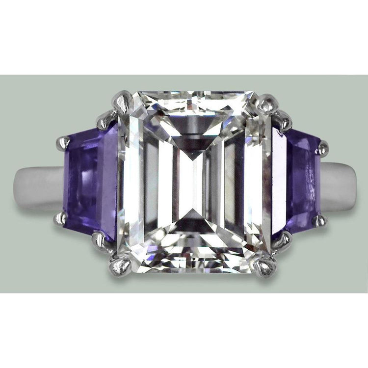 8 Cts Emeraude Diamant & Trapèze Ceylan Saphir Bague 3 Pierres Or - HarryChadEnt.FR