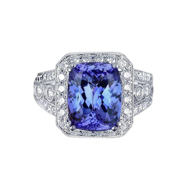 9.50 Carat Coussin Tanzanite Et Bague Diamants Ronds Style Vintage - HarryChadEnt.FR