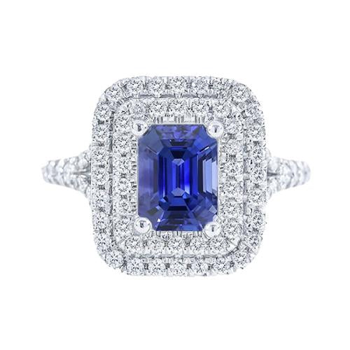 alliance double halo saphir bleu radiant & diamants 4 carats
