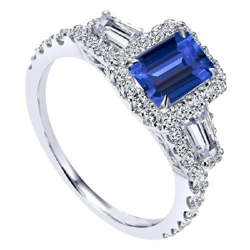 alliance halo emeraude saphir bleu baguette diamants 3.50 carats