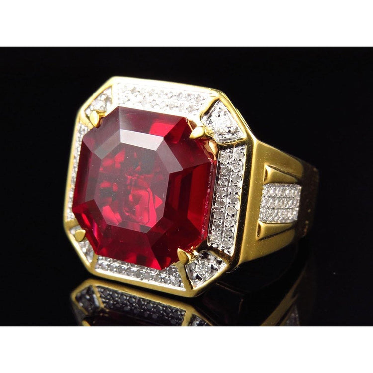 Asscher Rouge Bague Rubis Homme Avec Diamant 11 Carats Or Jaune 14K - HarryChadEnt.FR