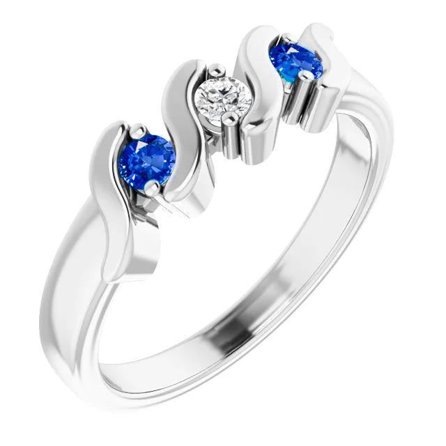 Bague 3 Pierres 0.90 Carats Diamant Ceylan Saphir Bleu Or Blanc 14K - HarryChadEnt.FR
