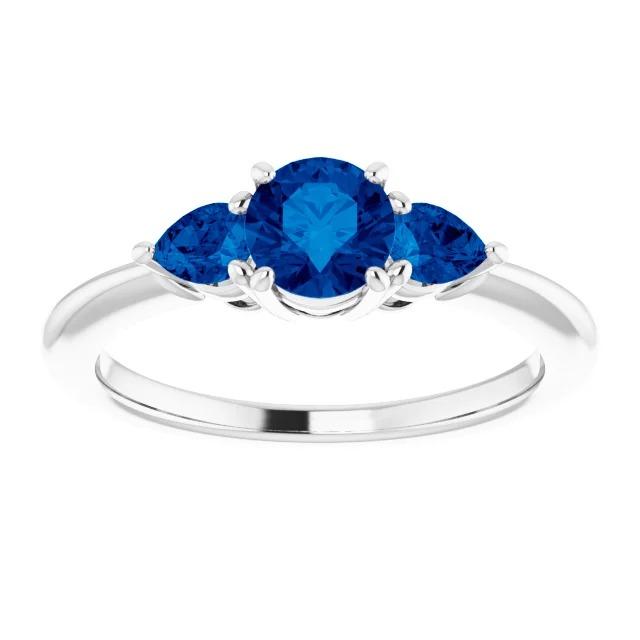 Bague 3 Pierres 1.50 Carats Ronde Saphirs Bleus de Ceylan Or Blanc 14K - HarryChadEnt.FR