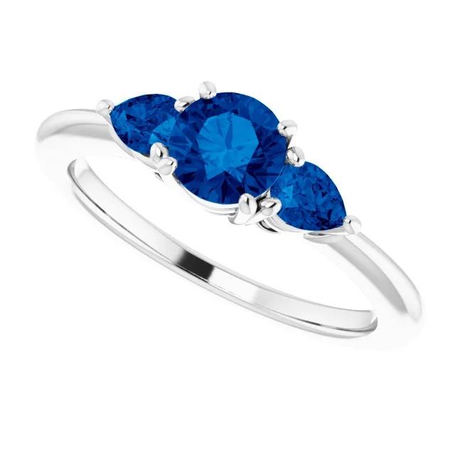 Bague 3 Pierres 1.50 Carats Ronde Saphirs Bleus de Ceylan Or Blanc 14K - HarryChadEnt.FR