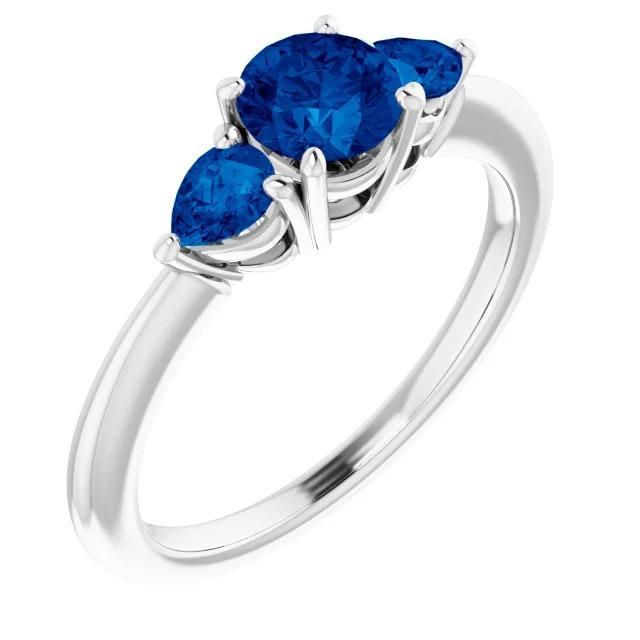 Bague 3 Pierres 1.50 Carats Ronde Saphirs Bleus de Ceylan Or Blanc 14K - HarryChadEnt.FR