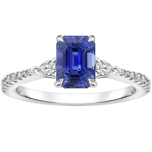 Bague 3 Pierres Accents Saphir Bleu Émeraude & Poire 4.50 Carats - HarryChadEnt.FR
