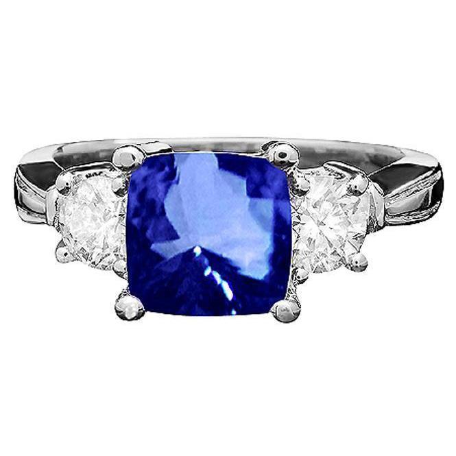 Bague 3 Pierres Coussin Ceylan Saphir Diamants Ronds 4.51 Carats - HarryChadEnt.FR