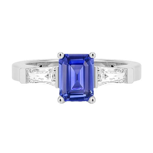 bague 3 pierres diamants baguette saphir bleu taille émeraude 1.75 carats