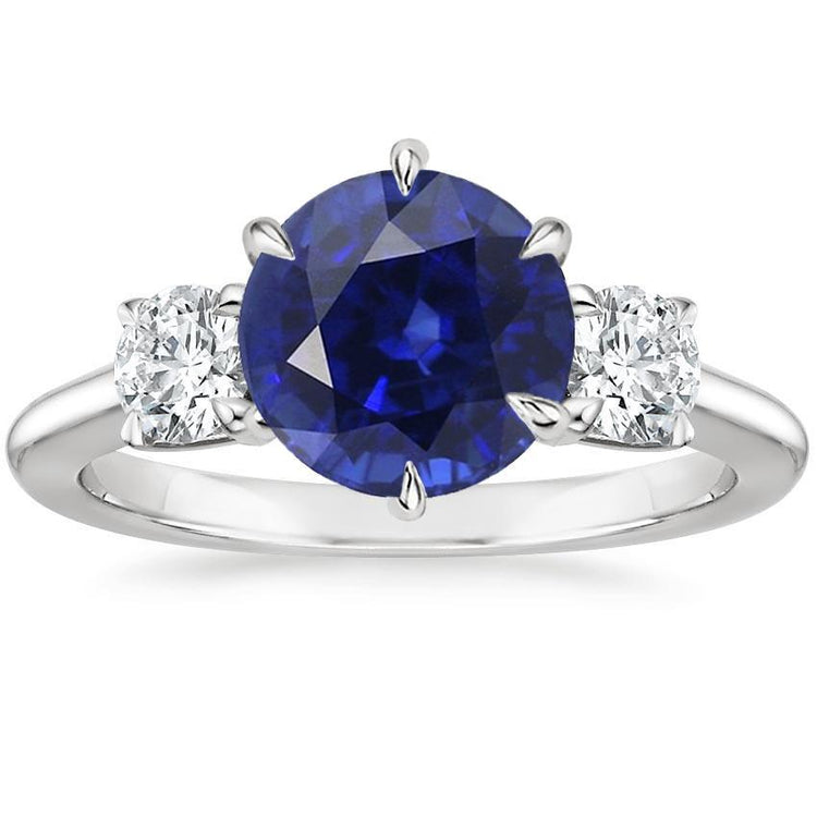bague 3 pierres diamants ronds saphir bleu foncé serti 3.50 carats