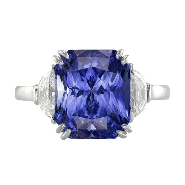 bague 3 pierres double griffe saphir radiant 4 carats diamants demi lune