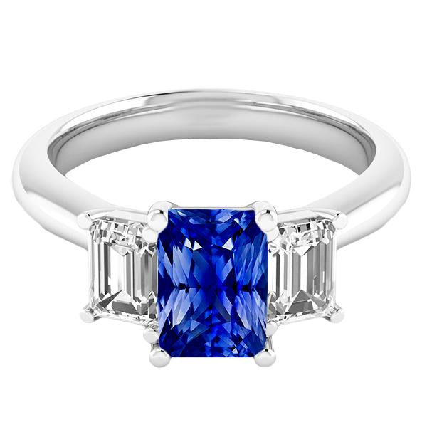 bague 3 pierres émeraude diamants & radiant saphir bleu profond 2.50 carats