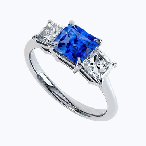 bague 3 pierres princesse prong serti saphir ceylan & diamants 2 carats