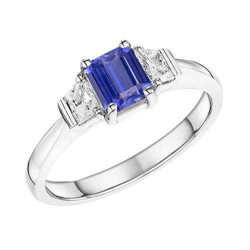 bague 3 pierres saphir bleu émeraude & diamants trapèze 1.50 carats