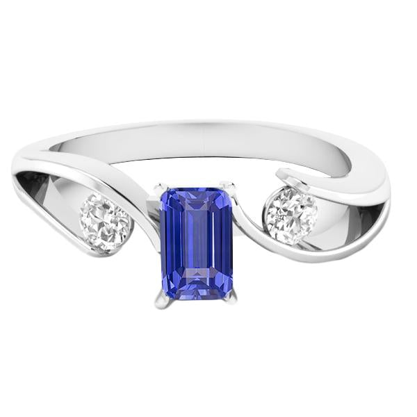 bague 3 pierres saphir bleu émeraude style tension diamants 2.50 carats