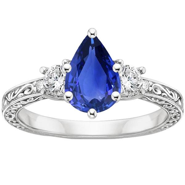 Bague 3 Pierres Style Antique Poire Bleu Saphir & Diamants 3.50 Carats - HarryChadEnt.FR