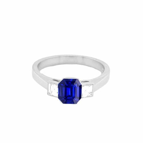 bague 3 pierres asscher saphir bleu & diamants princesse 1.50 carats