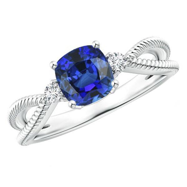 bague 3 pierres coussin bleu saphir corde style 2.25 carats tige fendue