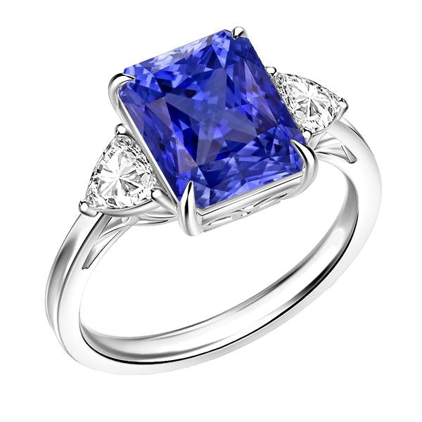 bague 3 pierres diamant trilliant saphir bleu serti treillis 3 carats