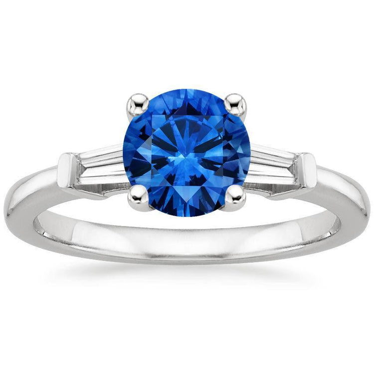Bague 3 pierres en saphir du Sri Lanka et diamant baguette de 1.5 ct - HarryChadEnt.FR