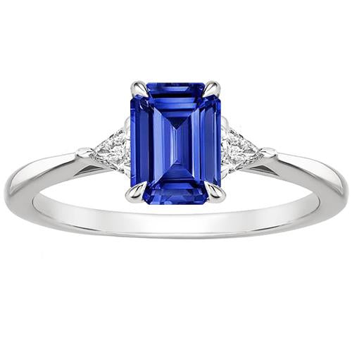Bague 3 pierres trillion diamant et saphir de Ceylan émeraude 3.25 carats - HarryChadEnt.FR