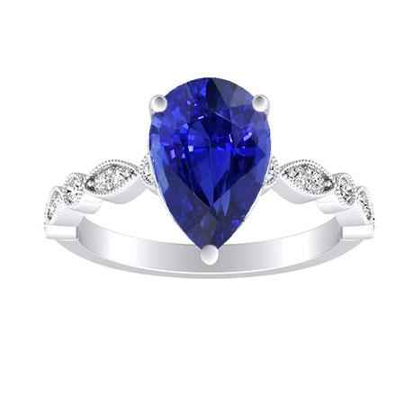bague anniversaire diamant rond & poire saphir bleu 2 carats millgrain
