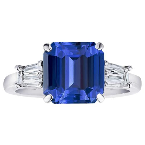 Bague Anniversaire Or 3 Carats Taille Émeraude Saphir Bleu & Baguettes - HarryChadEnt.FR