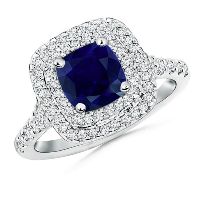 Bague Ceylan Saphir Double Halo Diamants 4.0 Carats Or Blanc 14K - HarryChadEnt.FR