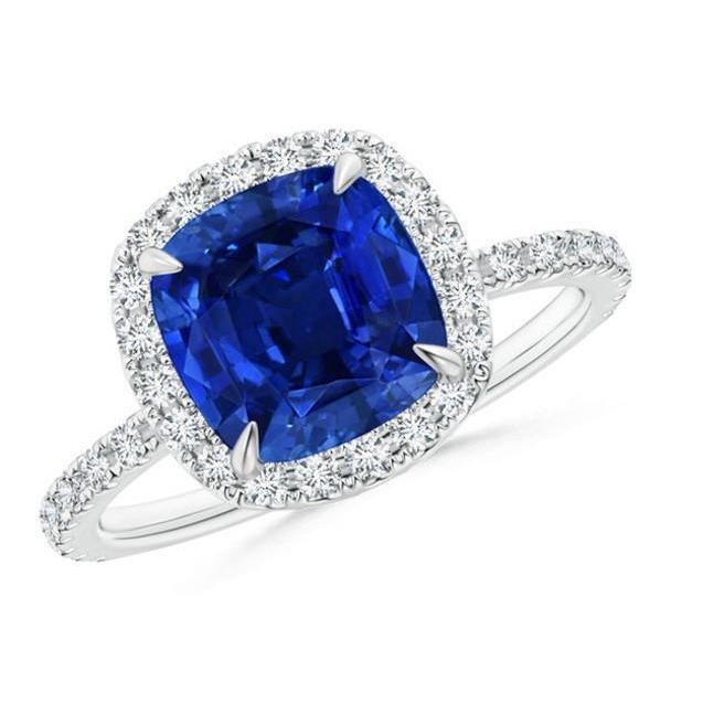 Bague Ceylan Saphir Halo Diamants 4 Carats Or Blanc 14K Nouveau - HarryChadEnt.FR