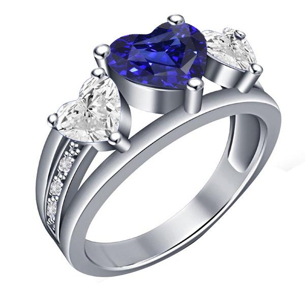 Bague Coeur Diamant 3 Pierres Saphir Bleu Avec Accents 3.50 Carats - HarryChadEnt.FR