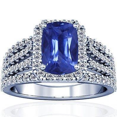 Bague Coussin 5.50 Carats & Saphir de Ceylan Rond avec Diamants WG 14K - HarryChadEnt.FR