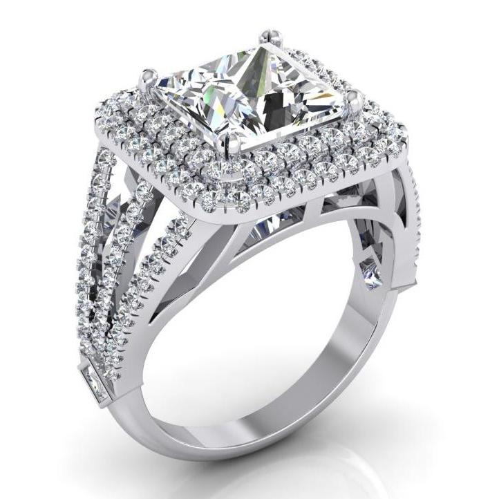 Bague de fiançailles diamant halo 6 carats tige fendue or blanc 14K - HarryChadEnt.FR