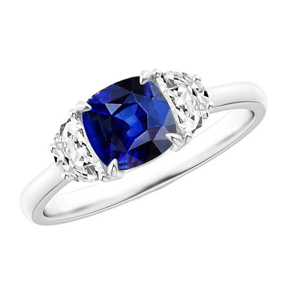 Bague Demi Lune Diamant Or & Coussin Saphir Ceylan 3 Pierres 3 Carats - HarryChadEnt.FR