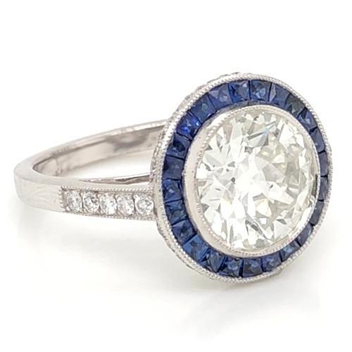 Bague Diamant 5 Carats Halo Ceylan Saphir Bleu Millgrain Or Blanc - HarryChadEnt.FR